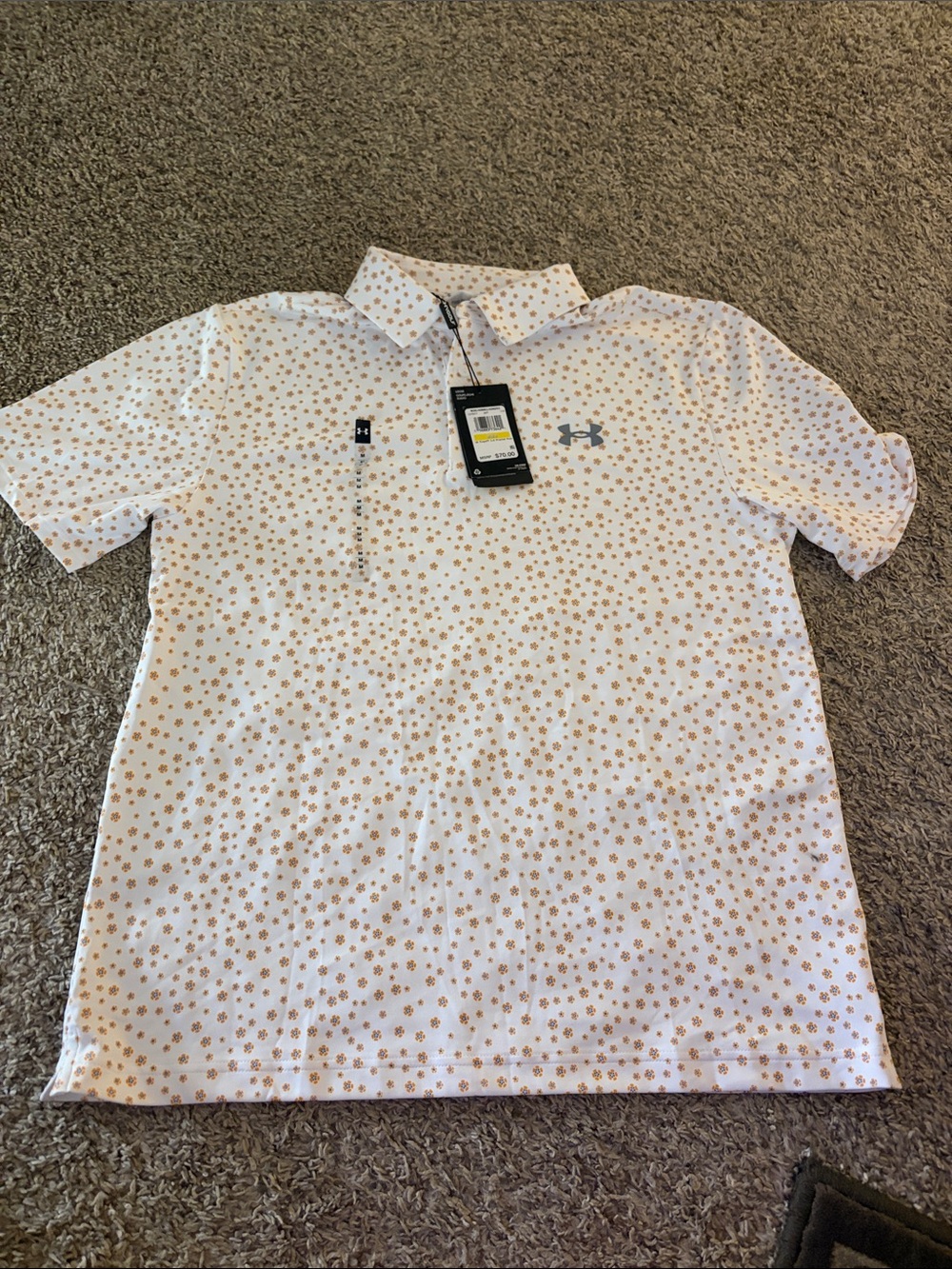 Under Armour White Polo with Tan Floral Dot Pattern